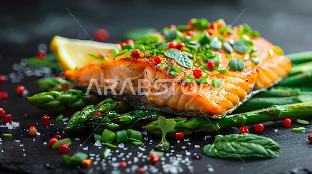 طبق فيليه سمك السلمون المشوي المدخن مع الأعشاب وشرائح الليمون المنعشة، وجبات الطعام الشهية الشرقية، فنون التقديم في مطاعم المملكة العربية السعودية، وصفات وأطباق لذيذة للمأكولات البحرية، مهارة إعداد الأصناف المتنوعة من الأسماك في المطبخ السعودي