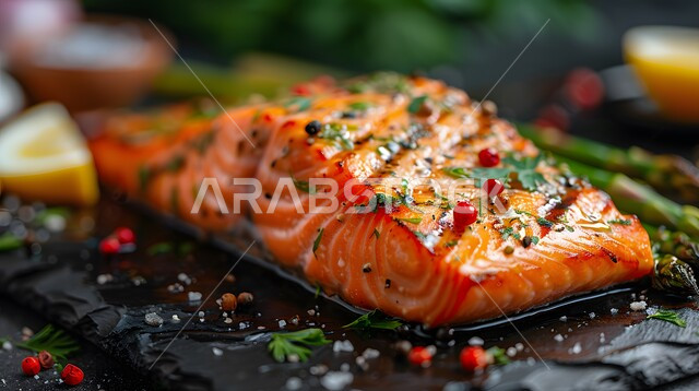 طبق فيليه سمك السلمون المشوي المدخن مع الأعشاب وشرائح الليمون المنعشة، وجبات الطعام الشهية الشرقية، فنون التقديم في مطاعم المملكة العربية السعودية، وصفات وأطباق لذيذة للمأكولات البحرية، مهارة إعداد الأصناف المتنوعة من الأسماك في المطبخ السعودي