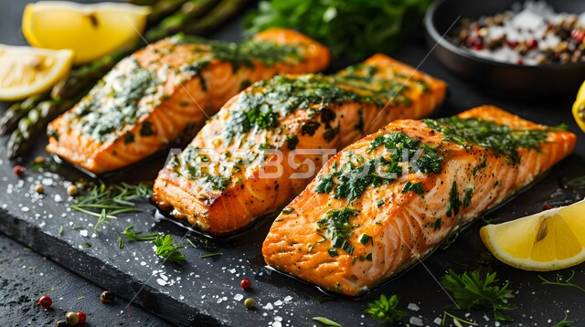 طبق فيليه سمك السلمون المشوي المدخن مع الأعشاب وشرائح الليمون المنعشة، وجبات الطعام الشهية الشرقية، فنون التقديم في مطاعم المملكة العربية السعودية، وصفات وأطباق لذيذة للمأكولات البحرية، مهارة إعداد الأصناف المتنوعة من الأسماك في المطبخ السعودي