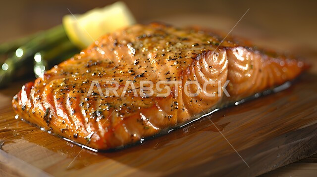 مهارة إعداد الأصناف المتنوعة من الأسماك في المطبخ السعودي، طبق فيليه سمك السلمون المشوي المدخن مع الأعشاب وشرائح الليمون المنعشة، وجبات الطعام الشهية الشرقية، فنون التقديم في مطاعم المملكة العربية السعودية، وصفات وأطباق لذيذة للمأكولات البحرية