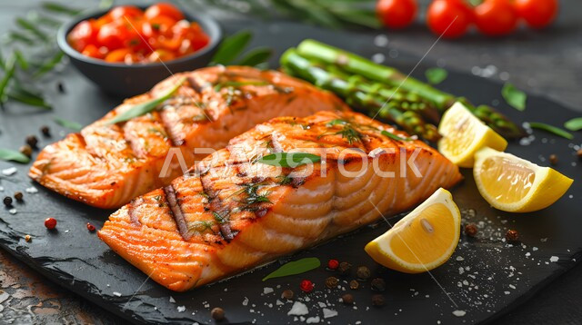 مهارة إعداد الأصناف المتنوعة من الأسماك في المطبخ السعودي، طبق فيليه سمك السلمون المشوي المدخن مع الأعشاب وشرائح الليمون المنعشة، وجبات الطعام الشهية الشرقية، فنون التقديم في مطاعم المملكة العربية السعودية، وصفات وأطباق لذيذة للمأكولات البحرية