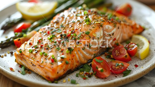 مهارة إعداد الأصناف المتنوعة من الأسماك في المطبخ السعودي، طبق فيليه سمك السلمون المشوي المدخن مع الأعشاب وشرائح الليمون المنعشة، وجبات الطعام الشهية الشرقية، فنون التقديم في مطاعم المملكة العربية السعودية، وصفات وأطباق لذيذة للمأكولات البحرية