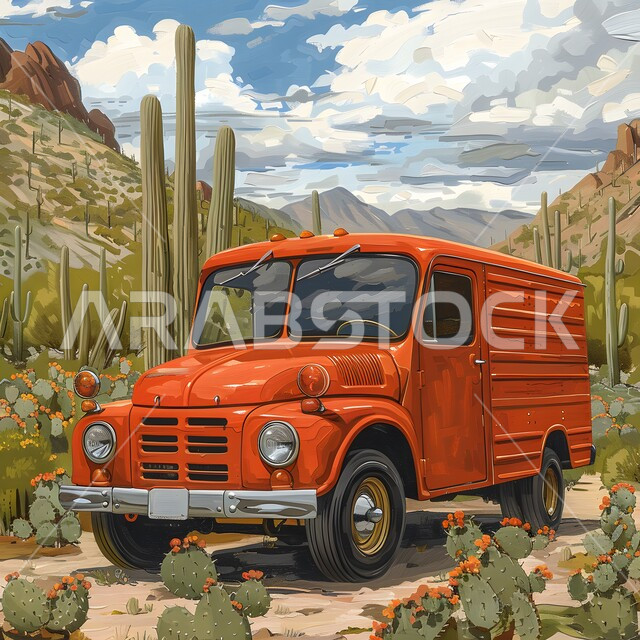 التشكيلات والتكوينات الصخرية، الطبيعة الجبلية في المملكة العربية السعودية، الكثبان والتلال الرملية، رسوم توضيحية لشاحنة برتقالية تقود عبر المناظر الطبيعية الصحراوية، مغامرات ورحلات السفاري في الصحاري ، نمو الشوكيات والأعشاب في البراري