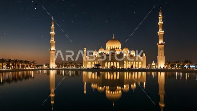 الفن الهندسي المعماري على الطراز الحديث للقبب والمآذن المضيئة  ليلا في المملكه العربيه السعودية ،الأشجار والنباتات الخضراء، العبادة والتقرب إلى الله، آداء الفرائض والصلوات، منظر مسجد مهيب في وقت غروب الشمس 