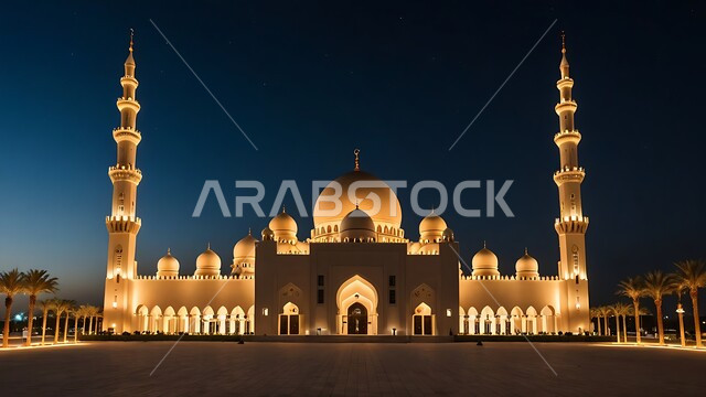 الفن الهندسي المعماري على الطراز الحديث للقبب والمآذن المضيئة  ليلا في المملكه العربيه السعودية ، الأشجار والنباتات الخضراء، العبادة والتقرب إلى الله، آداء الفرائض والصلوات، منظر مسجد مهيب في وقت غروب الشمس 