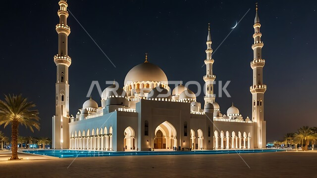العبادة والتقرب إلى الله، الأشجار والنباتات الخضراء،  آداء الفرائض والصلوات، منظر مسجد مهيب في وقت غروب الشمس ، الفن الهندسي المعماري على الطراز الحديث للقبب والمآذن المضيئة  ليلا في المملكه العربيه السعودية
