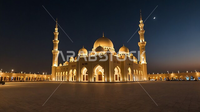 آداء الفرائض والصلوات، منظر مسجد مهيب في وقت غروب الشمس ، الفن الهندسي المعماري على الطراز الحديث للقبب والمآذن المضيئة  ليلا في المملكه العربيه السعودية ،العبادة والتقرب إلى الله
