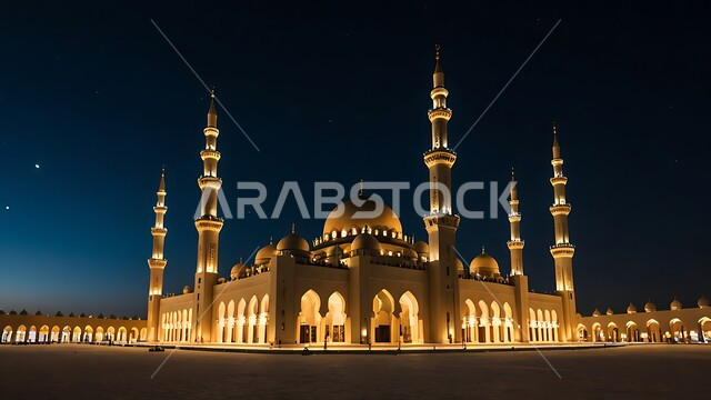 آداء الفرائض والصلوات، منظر مسجد مهيب في وقت غروب الشمس ، الفن الهندسي المعماري على الطراز الحديث للقبب والمآذن المضيئة  ليلا في المملكه العربيه السعودية ،العبادة والتقرب إلى الله