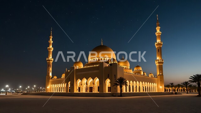 منظر مسجد مهيب في وقت غروب الشمس ، الفن الهندسي المعماري على الطراز الحديث للقبب والمآذن المضيئة  ليلا في المملكه العربيه السعودية ، العبادة والتقرب إلى الله، آداء الفرائض والصلوات