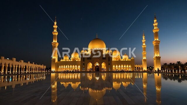 منظر مسجد مهيب في وقت غروب الشمس ، الفن الهندسي المعماري على الطراز الحديث للقبب والمآذن المضيئة  ليلا في المملكه العربيه السعودية ، العبادة والتقرب إلى الله، آداء الفرائض والصلوات