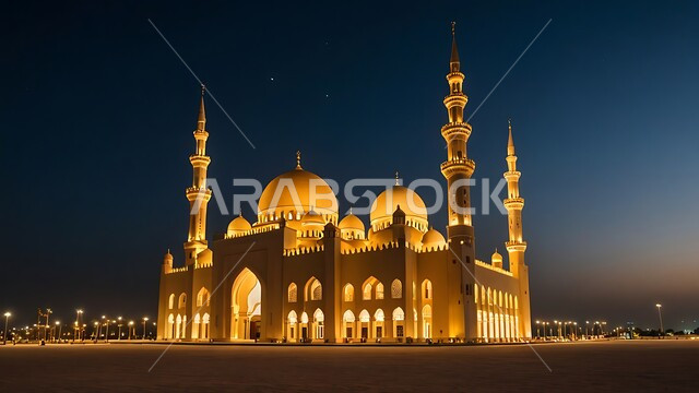 العبادة والتقرب إلى الله، آداء الفرائض والصلوات، منظر مسجد مهيب في وقت غروب الشمس ، الفن الهندسي المعماري على الطراز الحديث للقبب والمآذن المضيئة  ليلا في المملكه العربيه السعودية