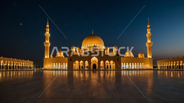 العبادة والتقرب إلى الله، آداء الفرائض والصلوات، منظر مسجد مهيب في وقت غروب الشمس ، الفن الهندسي المعماري على الطراز الحديث للقبب والمآذن المضيئة  ليلا في المملكه العربيه السعودية