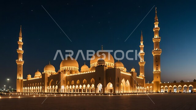 الفن الهندسي المعماري على الطراز الحديث للقبب والمآذن المضيئة  ليلا في المملكه العربيه السعودية ،العبادة والتقرب إلى الله، آداء الفرائض والصلوات، منظر مسجد مهيب في وقت غروب الشمس 