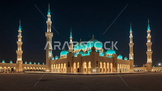 الفن الهندسي المعماري على الطراز الحديث للقبب الملونه والمآذن المضيئة  ليلا في المملكه العربيه السعودية ،العبادة والتقرب إلى الله، آداء الفرائض والصلوات، منظر مسجد مهيب في وقت غروب الشمس 
