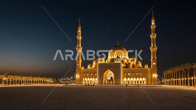 Modern architectural style of illuminated domes and minarets at night in the Kingdom of Saudi Arabia, worship and closeness to God, performing religious duties and prayers, a beautiful and majestic view of a mosque at sunset