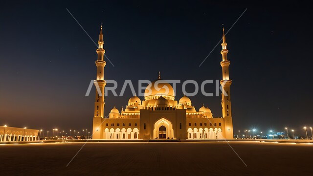 منظر مسجد مهيب في وقت غروب الشمس ، الفن الهندسي المعماري على الطراز الحديث للقبب والمآذن المضيئة  ليلا في المملكه العربيه السعودية ، العبادة والتقرب إلى الله، آداء الفرائض والصلوات