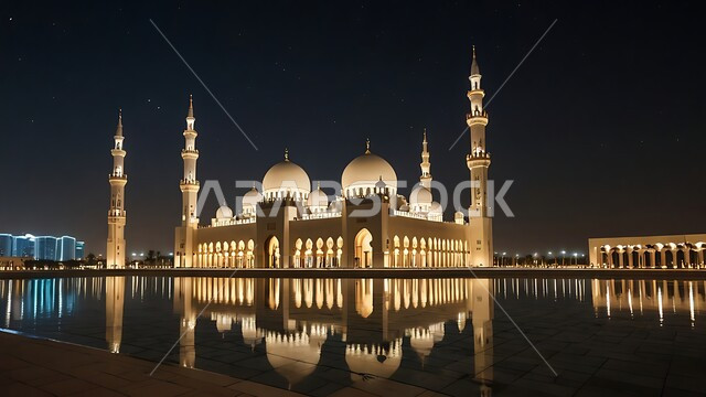 الفن الهندسي المعماري على الطراز الحديث للقبب والمآذن المضيئة  ليلا في المملكه العربيه السعودية ،العبادة والتقرب إلى الله، آداء الفرائض والصلوات، منظر مسجد مهيب في وقت غروب الشمس