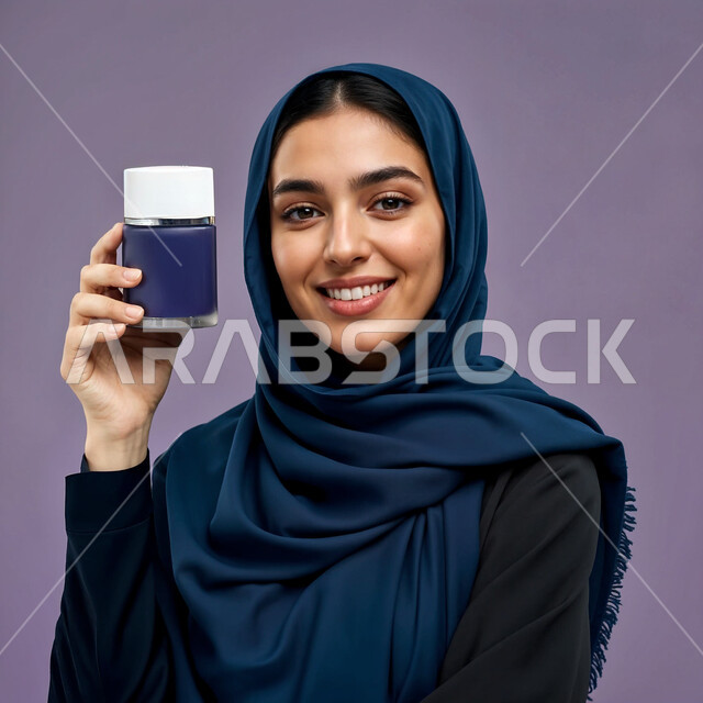 مفهوم الاهتمام بالجسد النظافة والأناقة،   بورتريه لشابة عربية خليجية سعودية تحمل بيديها كريم الترطيب،  ايماءات الإعجاب والسعادة، التسوق من متاجر ومحلات العناية, خلفية ملونه