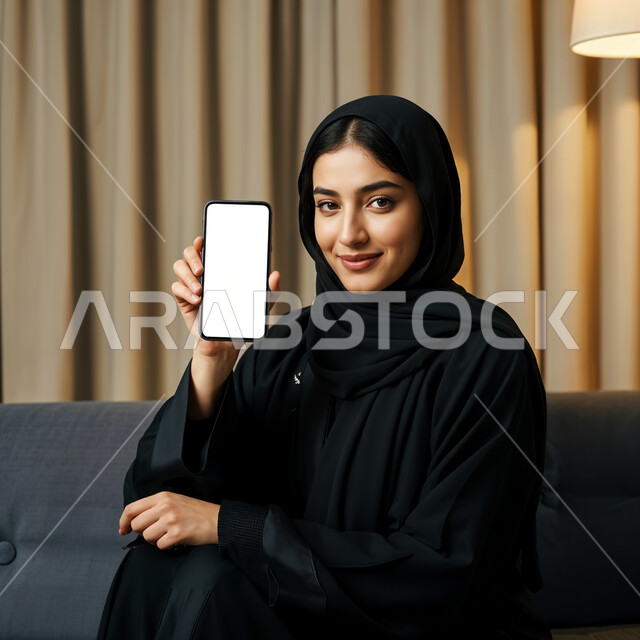 Using modern technical devices, paying attention to elegance and appearance, a close-up photo of a smiling, veiled, Saudi Arabian Gulf woman wearing a black abaya, holding a mobile phone in her hand and looking at the camera with gestures of happiness and pleasure, displaying a blank white screen via mobile