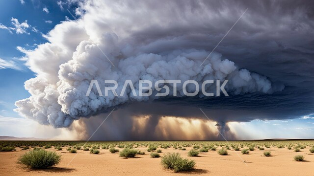 عاصفة رياح ترابية في المناطق الصحراوية, الزوابع الغبارية القوية، العاصفة الرملية في الصحراء, الكثبان والرمال الذهبية الناعمة، التشكيلات والتكوينات الرملية في المملكة العربية السعودية, نمو الشوكيات والأعشاب في البراري 