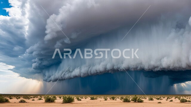 Growth of thorns and grasses in the prairie, dust storm in desert areas, strong dust storms, sand storm in the desert, dunes and soft golden sand, sand formations and formations in Saudi Arabia