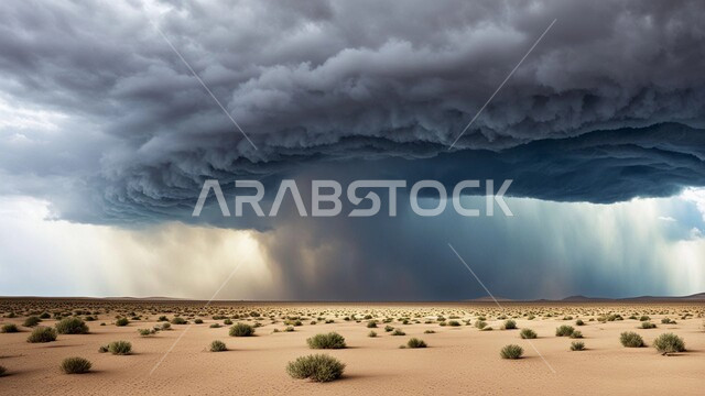 عاصفة رياح ترابية في المناطق الصحراوية, الزوابع الغبارية القوية، العاصفة الرملية في الصحراء, الكثبان والرمال الذهبية الناعمة، التشكيلات والتكوينات الرملية في المملكة العربية السعودية, نمو الشوكيات والأعشاب في البراري 
