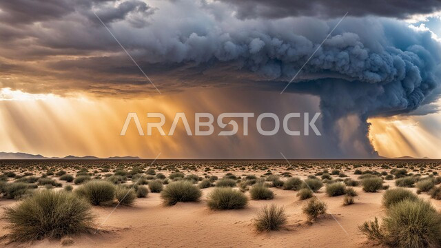 عاصفة رياح ترابية في المناطق الصحراوية, الزوابع الغبارية القوية، العاصفة الرملية في الصحراء, الكثبان والرمال الذهبية الناعمة، التشكيلات والتكوينات الرملية في المملكة العربية السعودية, نمو الشوكيات والأعشاب في البراري 