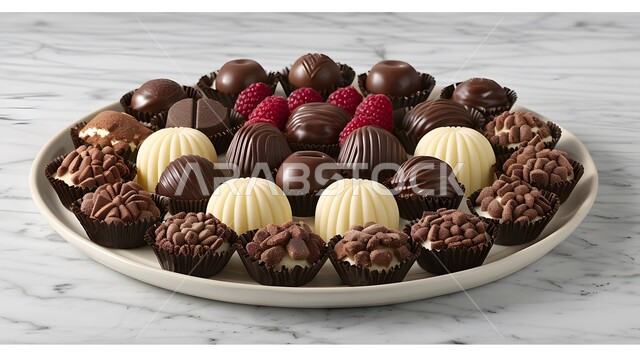 حلا شرقي شهي، صناعة وإعداد الحلويات, صورة مقربة لمجموعة من كرات الشوكولاته متنوعة النكهات على طبق أبيض، تقديم السكريات في المناسبات والأعياد، الشوكولا الشهية البنية والبيضاء اللون