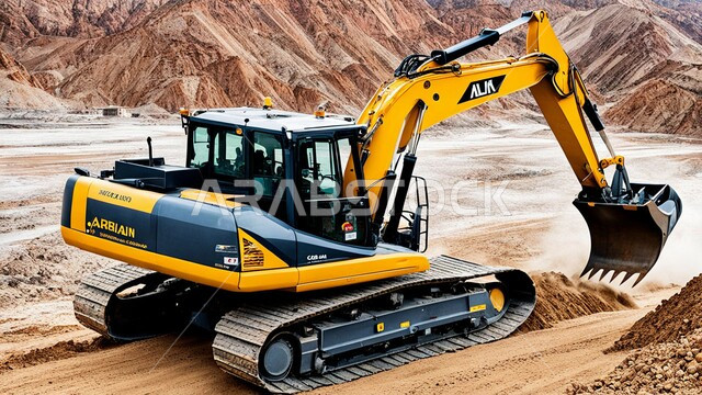 A large truck works at a mining site, removing dirt and rocks and transporting them away, natural coal mine locations, areas for prospecting for underground resources, rocky nature and terrain of mountain ranges, highlands and mountain peaks in the Kingdom of Saudi Arabia