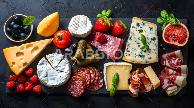 Healthy breakfast, the art of presenting and decorating food in the oriental style, a plate of food filled with fresh fruits, nuts and cheese, light and healthy snacks rich in important nutrients, luxury restaurants in the Kingdom of Saudi Arabia, types of uncooked meat