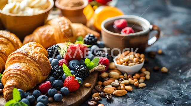المخبوزات والمعجنات الساخنة والشهية، صورة طبق لقطع الكروسان الهشة المزينة بحبات التوت البري، اطعمة ومأكولات سريعة، وجبة فطور لذيذة، مخابز عربية خليجية سعودية