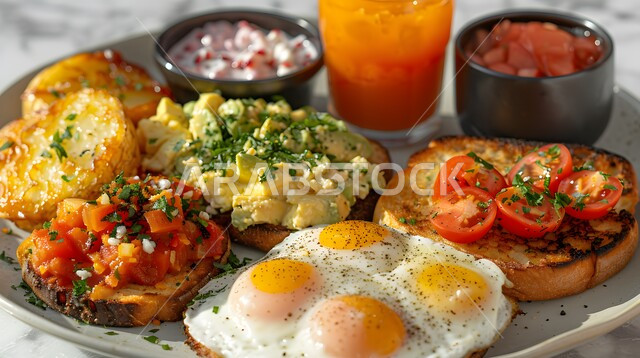 كوب من العصير الطازج المغذي، وجبة فطور صباحية مفيدة وسريعة، الاومليت اللذيذ المليء بالبروتينات الصحية، وجبات ومأكولات للحميات الغذائية، طبق البيض المقلي مع الفواكه والفلفل الحار، أطباق إفطار تقليدية