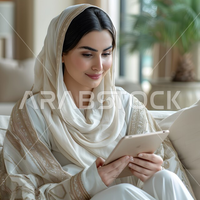 مفهوم إنجاز المهام عن بعد, استخدام الأجهزة والتقنيات الحديثة, صورة مقربة لشابة عربية خليجية سعودية محجبة تمسك بيدها جهاز التابليت, التسوق الالكتروني عبر الأونلاين, متابعة وإدارة الأعمال الادارية, تصفح المواقع الالكترونية, تعابير الاندماج والسرور