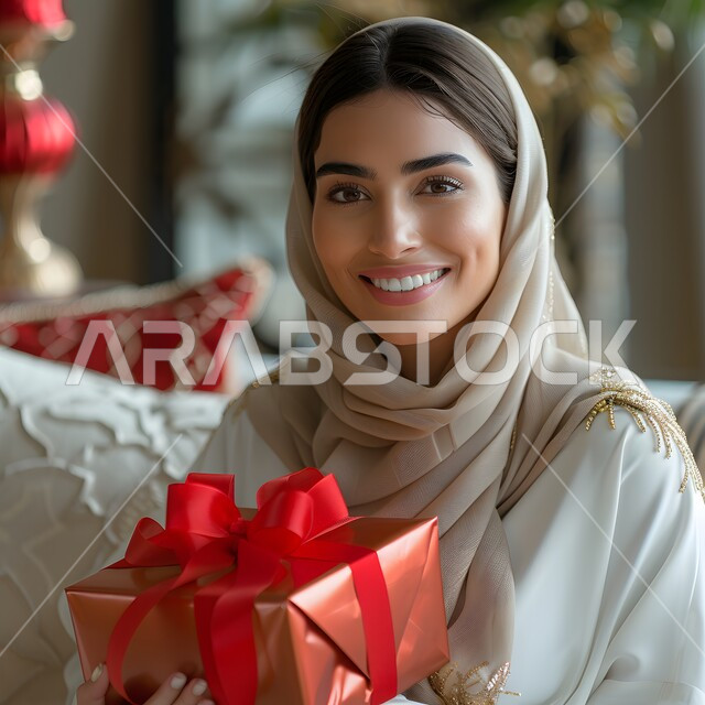 تعابير الفرح عند الحصول على الهدايا، النظر الى الكاميرا بإيماءات السعادة والسرور، صورة مقربة  لامرأة عربية سعودية خليجية محجبة ترتدي عباءة تحمل بيديها علبة هدية مغلفة، أعياد ومناسبات ومفاجآت سعيدة