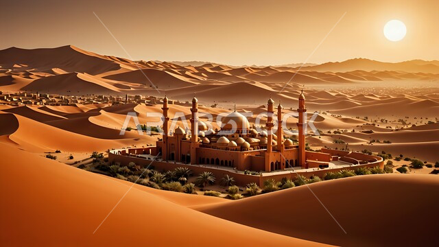 الفن الهندسي المعماري لمسجد وسط التلال والكثبان الرملية، القبب و المآذن على الطراز الإسلامي العصري الحديث، العباده والتقرب إلى الله، دعوة المسلمين إلى الصلاه وأداء الفرائض الدينية, أماكن اسلامية مقدسة، خلفية المناطق الصحرواية