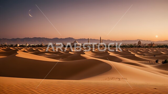 الفن الهندسي المعماري لمسجد وسط التلال والكثبان الرملية، القبب و المآذن على الطراز الإسلامي العصري الحديث، العباده والتقرب إلى الله، دعوة المسلمين إلى الصلاه وأداء الفرائض الدينية, أماكن اسلامية مقدسة، خلفية المناطق الصحرواية