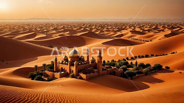 الفن الهندسي المعماري لمسجد وسط التلال والكثبان الرملية، القبب و المآذن على الطراز الإسلامي العصري الحديث، العباده والتقرب إلى الله، دعوة المسلمين إلى الصلاه وأداء الفرائض الدينية, أماكن اسلامية مقدسة، خلفية المناطق الصحرواية