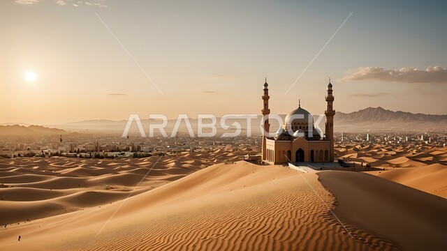 القبب و المآذن على الطراز الإسلامي العصري الحديث، الفن الهندسي المعماري لمسجد وسط التلال والكثبان الرملية، العباده والتقرب إلى الله، دعوة المسلمين إلى الصلاه وأداء الفرائض الدينية, أماكن اسلامية مقدسة، خلفية المناطق الصحرواية