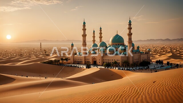 القبب و المآذن على الطراز الإسلامي العصري الحديث، الفن الهندسي المعماري لمسجد وسط التلال والكثبان الرملية، العباده والتقرب إلى الله، دعوة المسلمين إلى الصلاه وأداء الفرائض الدينية, أماكن اسلامية مقدسة، خلفية المناطق الصحرواية