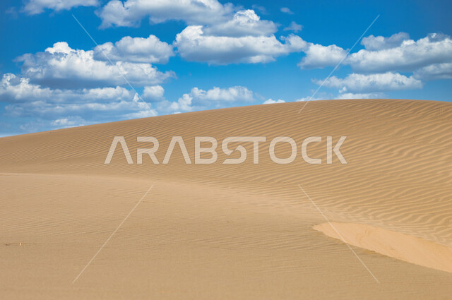 Sand formations and formations in the desert of the Kingdom of Saudi Arabia, dunes and hills of soft golden sand, terrain and heights and peaks in the prairies, desert areas and desert environment during the day