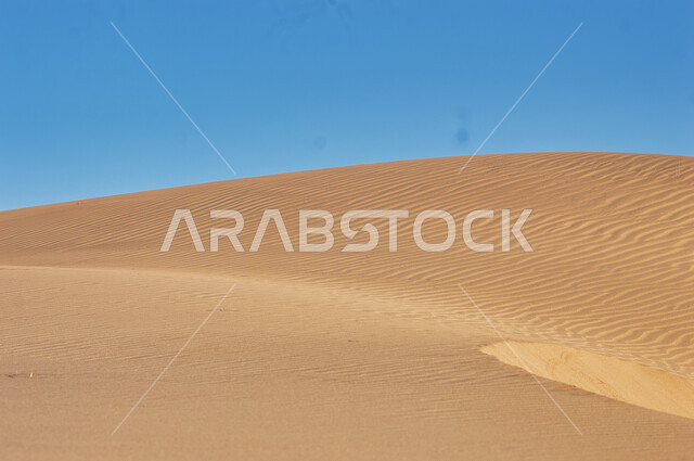 Sand formations and formations in the desert of the Kingdom of Saudi Arabia, dunes and hills of soft golden sand, terrain and heights and peaks in the prairies, desert areas and desert environment during the day