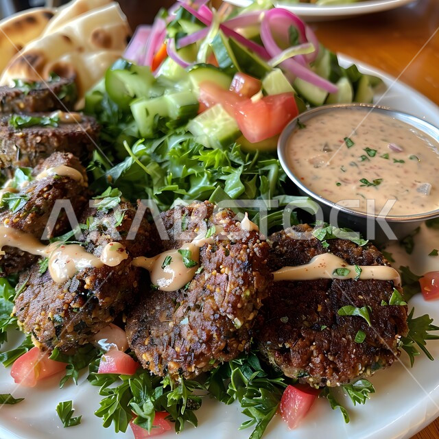 المأكولات العربية الشرقية، طبق من اقراص الفلافل المقرمشة مع الخضروات الطازجة واللبن، وجبات الطعام الشعبية الشهية، المطاعم العربية التقليدية في المملكة العربية السعودية، أطعمة غنية بالحبوب والبروتينات