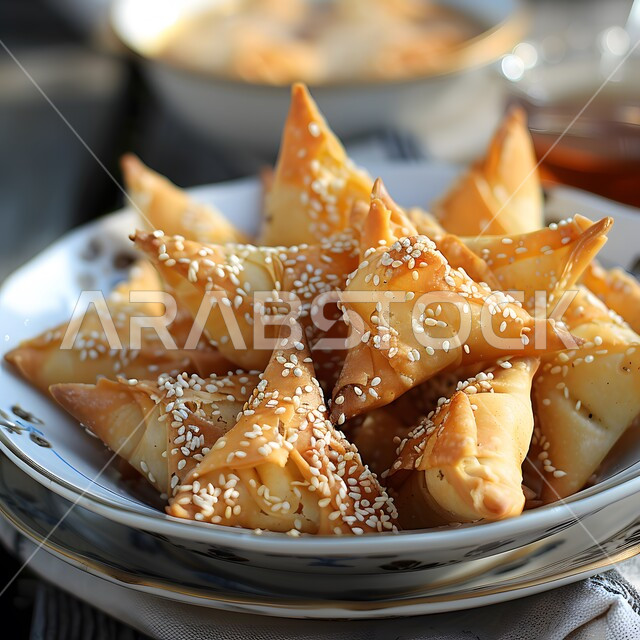 The art of serving dishes in Saudi restaurants, pieces of brittle cheese borek decorated with sesame, a plate of delicious fried pies, mastering the skill of preparing baked goods and pastries in the kitchens of the Kingdom, nutritious and filling breakfast meals