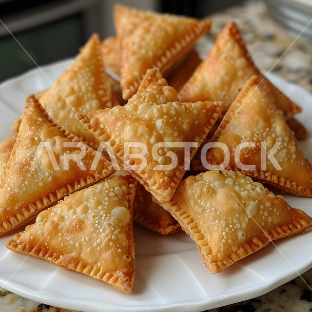 طبق من الفطائر المقلية الشهية، إتقان مهارة إعداد المخبوزات والمعجنات في مطابخ المملكة، فن تقديم الأطباق في مطاعم السعودية، قطع من البرك بالجبنة الهشة، وجبات فطور مغذية ومشبعة