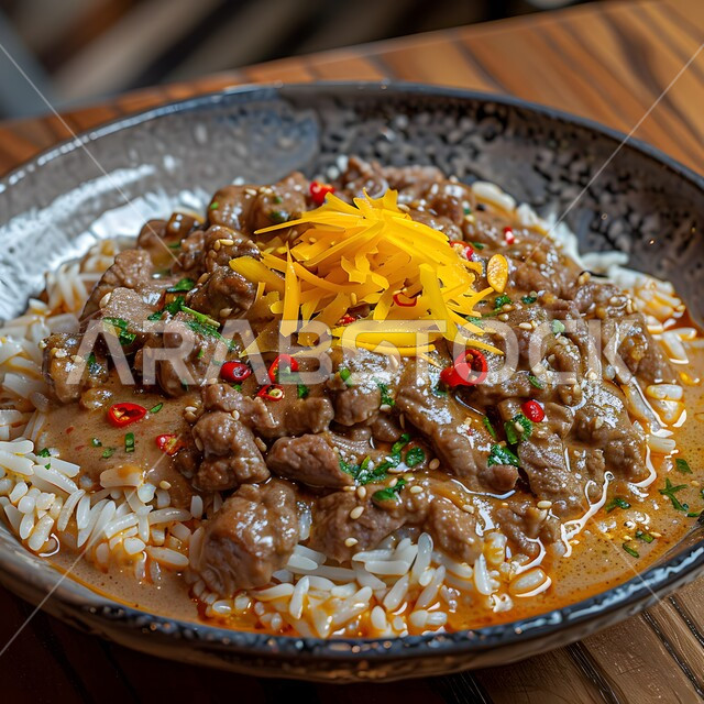 طبق من قطع لحم البقر المشوحة مع الأرز والصوص اللذيذ, لحومات مزينة بالخضروات الطازجة والأعشاب, وصفات وأطباق طعام لذيذة، وجبات الطعام الشهية، فن التقديم في مطاعم المأكولات الخليجية