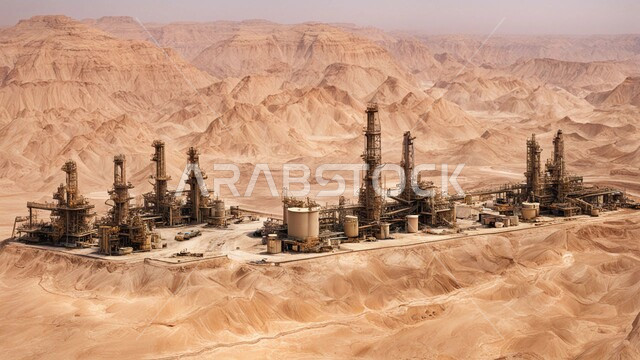 اعتماد التقنيات والتكنولوجيا الحديثة في إنتاجية النفط والغاز، مناجم نفط على الرمال الذهبية الناعمة، التطور الهندسي والعمراني لمصافي البترول في المملكة العربية السعودية، مناخ قاسي وجاف، صناعات ومشاريع بيتروكيماوية، ادوات ومعدات ضخمة وحديثة