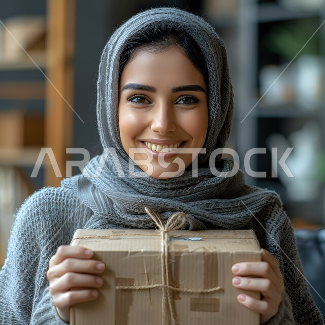 Looking at the camera with gestures of happiness and pleasure, close-up of a smiling Saudi Arabian Gulf woman wearing hijab sitting in the living room holding a wrapped box in her hand, expressions of joy at receiving a gift, giving gifts on holidays and happy occasions