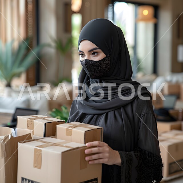 الاحتفال بقدوم الأعياد الاسلامية، الحصول على الهدية بمناسبة العيد، تقديم الهدايا في المناسبات السعيدة، صورة مقربة لشابة عربية خليجية سعودية محجبة ترتدي العباءة والحجاب مع الكمامة تحمل بيدها علبة مغلفة، الوقاية من الامراض والعدوى