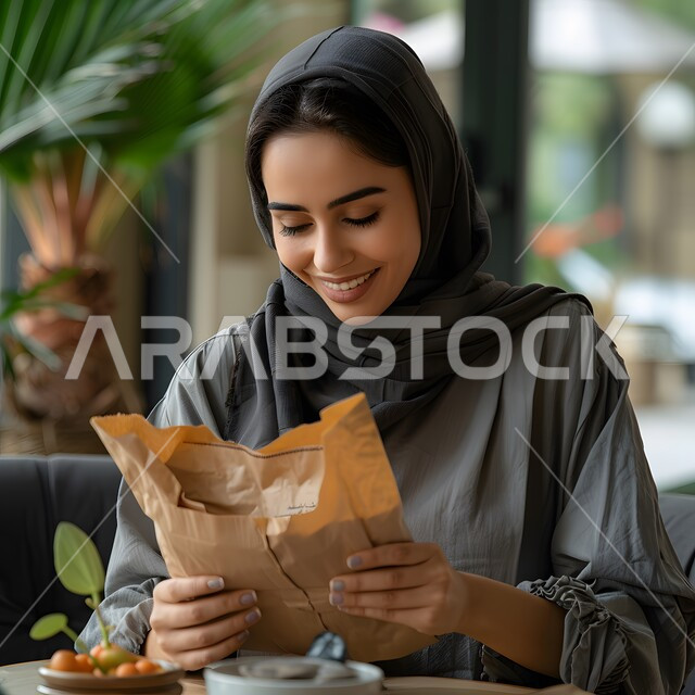 تقديم الهدايا في الأعياد والمناسبات السعيدة، النظر إلى الكاميرا بإيماءات السعادة والسرور، صورة مقربة لإمرأة عربية خليجية سعودية مبتسمة ترتدي الحجاب تجلس في غرفة المعيشة تحمل بيدها علبة مغلفة، تعابير الفرح بالحصول على الهدية
