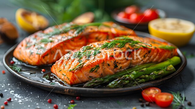 سمك السلمون المشوي مع صلصة الليمون والكرفس، وجبة ذات قيمة غذائية عالية، فنون التقديم في مطاعم ومطابخ المملكة العربية السعودية، أطباق من المأكولات العربية التقليدية الشعبية، وصفات طعام شهية صحية ولذيذة